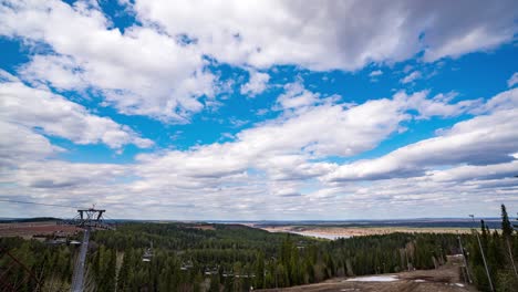 hermoso paisaje escénico de primavera y verano en las montañas, bosque y río alrededor. ascensor de esquí que se mueve con apenas turistas durante el bloqueo. teleféricos. vista desde la cima de la colina. bucle