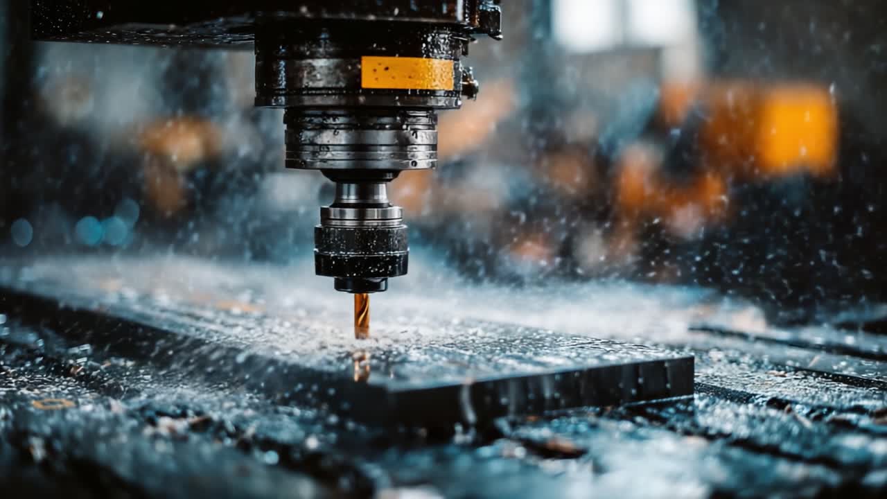 Lavorazione di precisione in azione: una vista ravvicinata di una fresatrice CNC che taglia il metallo con refrigerante ad acqua spruzzato vigorosamente, catturando le complessità della produzione moderna.