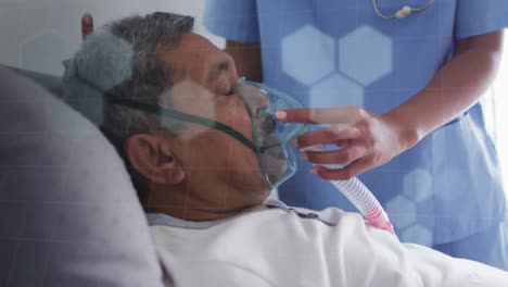 Animation-of-shapes-over-diverse-doctor-and-patient-using-oxygen-mask