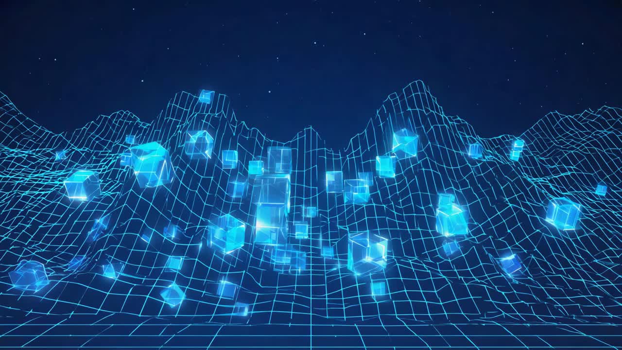 Abstract Digital Landscape with Blue Glowing Cubes and Wireframe Grid