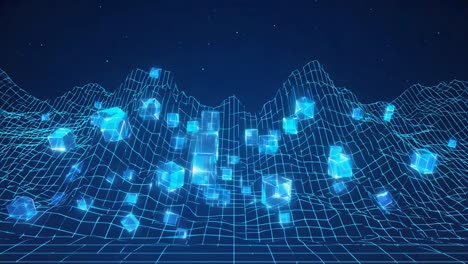 abstract digital landscape with blue glowing cubes and wireframe grid