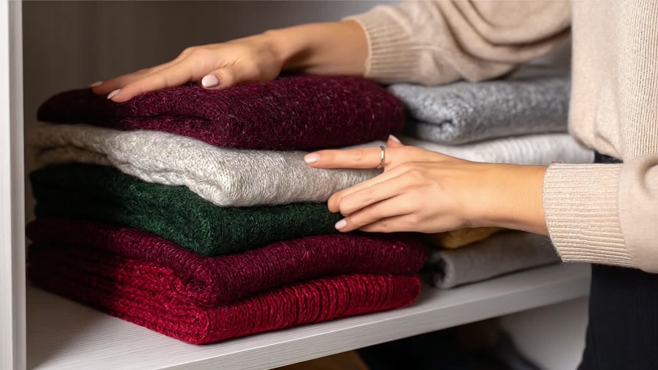 Organizzare una collezione di maglioni ben piegati in un armadio, mettendo in mostra vari colori e texture per uno stile stagionale e una disposizione ordinata della casa
