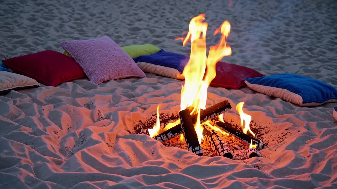 Bonfire blazing brightly on a sandy beach, surrounded by vibrant pillows, creating a cozy and inviting atmosphere as dusk settles in, perfect for relaxation and gatherings with friends and family