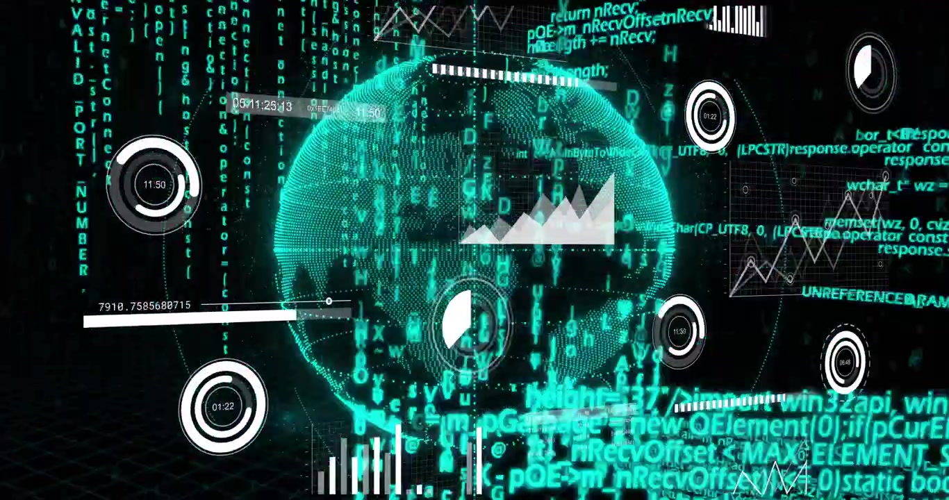 On load teal 3D globe rotating code streams cascading timers filling charts updating showing data