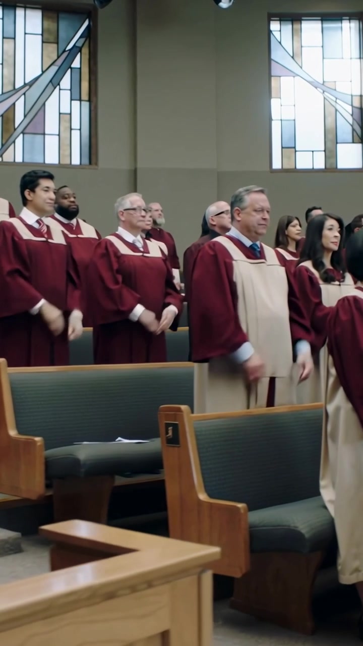 Video vertical: Coro aplaudiendo siguiendo la señal del director, cantando para el culto en la iglesia, con túnicas granates.