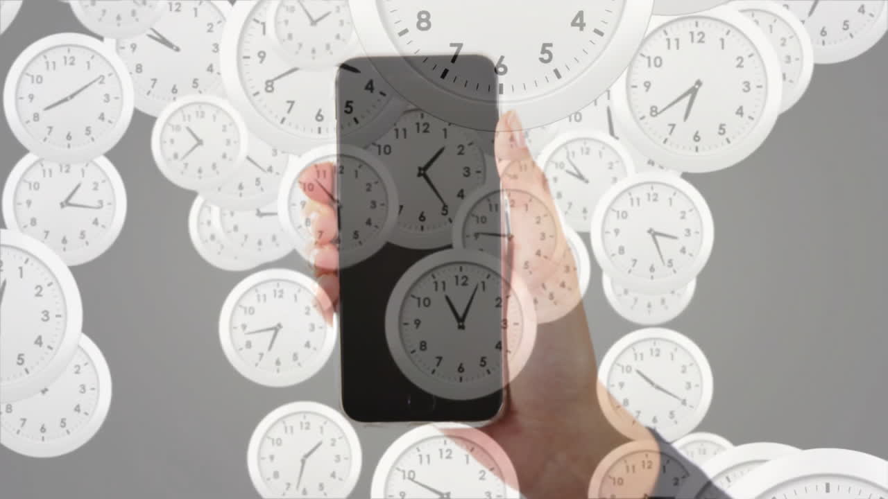 Holding smartphone, hand surrounded by overlapping clock faces in animation style