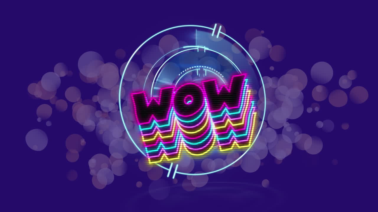 범위 스캐닝과 파란색 배경의 반점 위에 와우 텍스트의 애니메이션