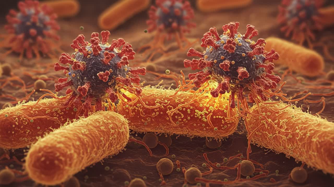Microscopic Interaction Between Virus and Bacteria: A Stunning Visual of Viruses Attaching to Bacterial Cells, Showcasing the Complexity of Microbial Life