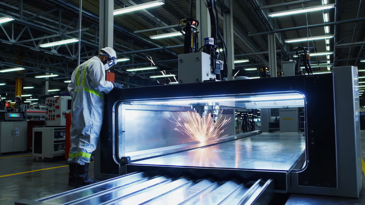 Factory Worker Operating a Welding Machine