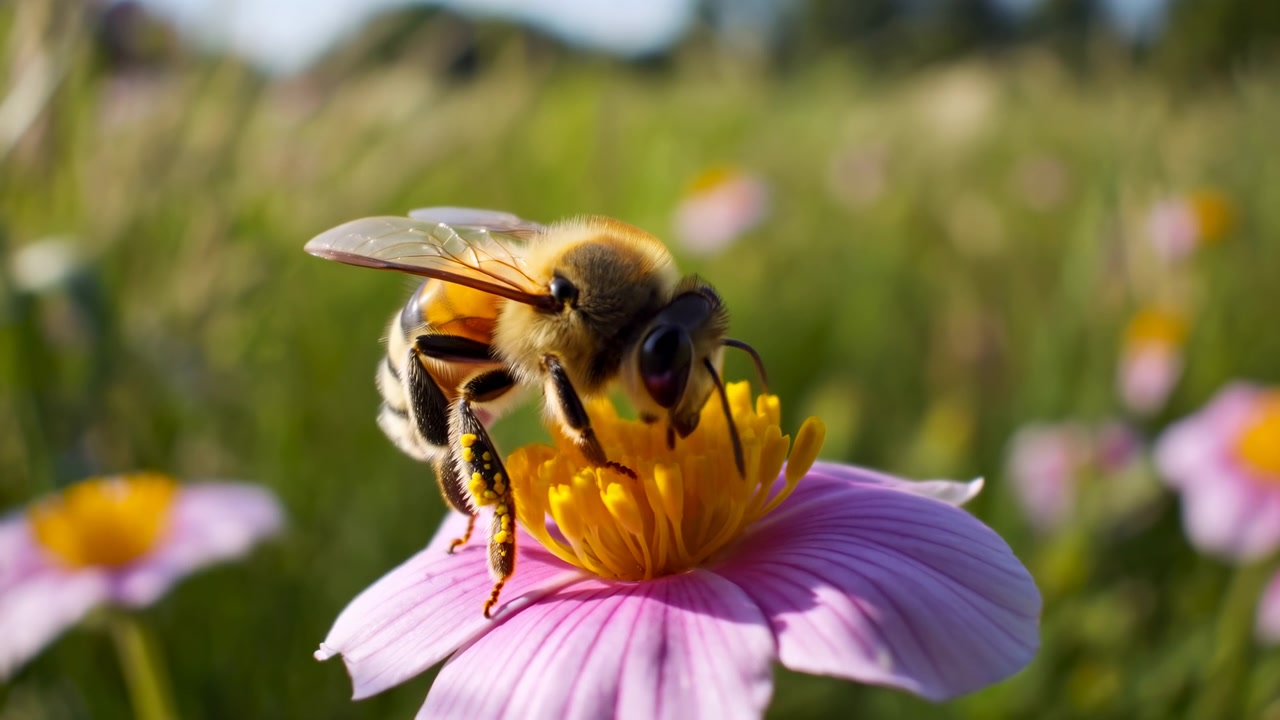 Closeup shows bee feeding on nectar at orange pollen center of magenta flower under bright sunlight in meadow, with soft green background and vivid natural color, with bee, insect, macro, closeup