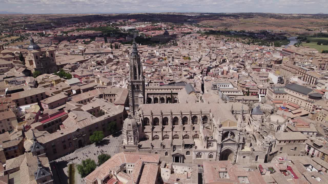 Half aerial orbit around Santa Iglesia Catedral Primada de Toledo in Spain