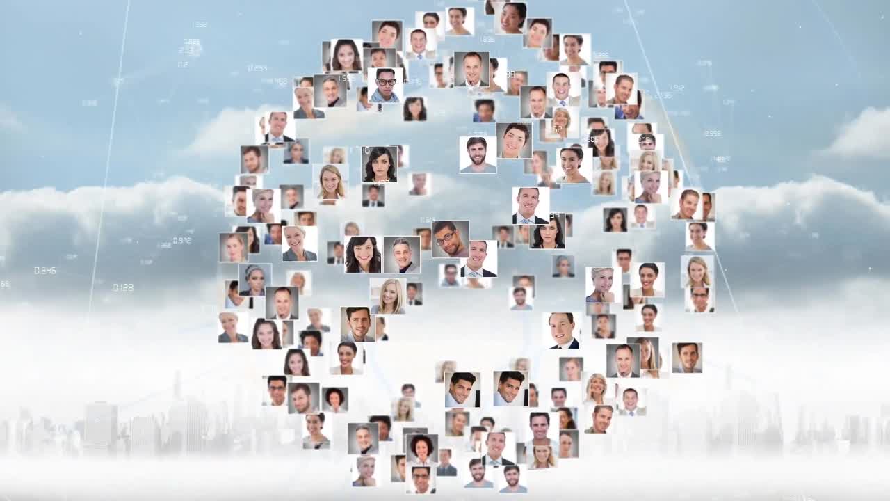 Animation of globe with people's photographs over cityscape background