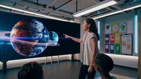 teacher presenting astronomy in classroom