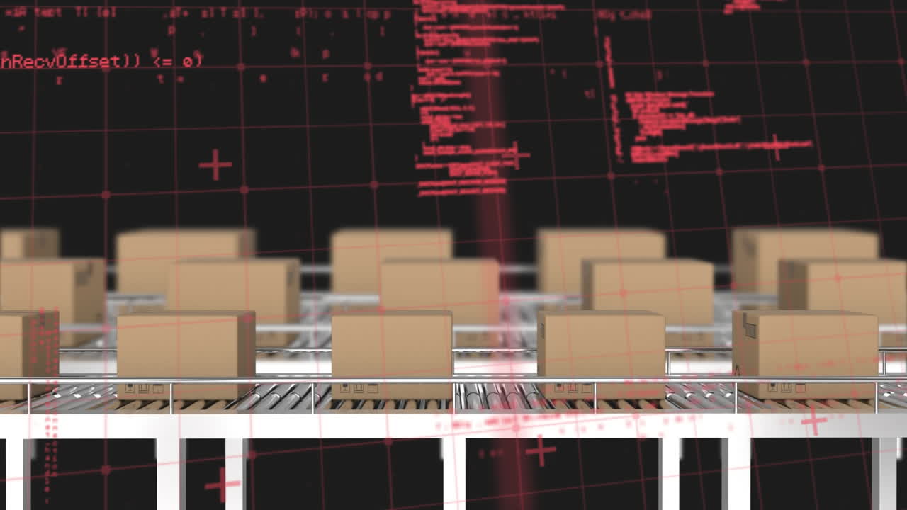 컨베이어 벨트에 있는 여러 배달 상자에 대한 그리드 네트워크를 통한 데이터 처리