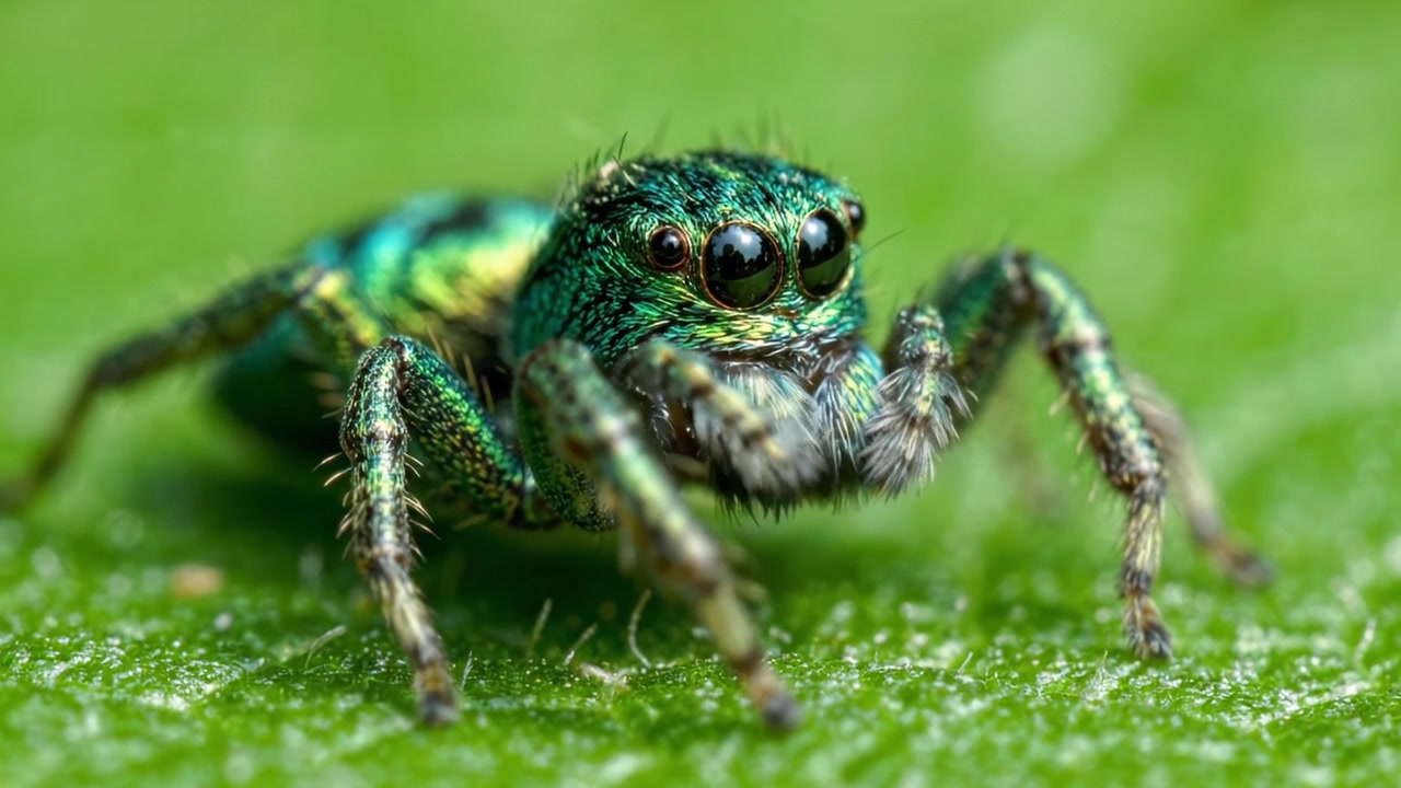 A Captivating Close-Up of a Colorful Spider with Vibrant Green Hues, Showcasing Detailed Texture and Unique Features Against a Lush Green Background