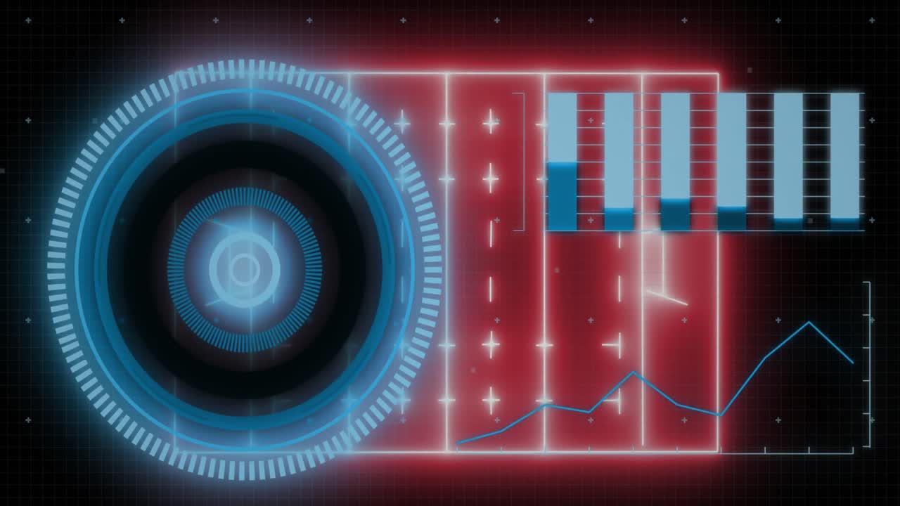 Digital animation of neon round scanner against data processing on blue background
