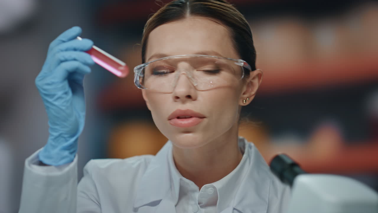 mujer bióloga mirando el microscopio haciendo investigación científica en el laboratorio de cerca.