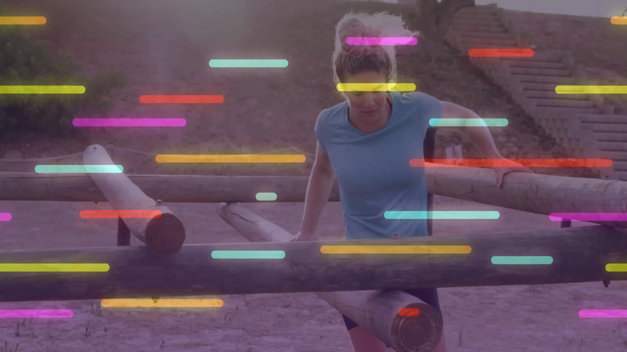 Woman navigating obstacle course with colorful light streaks animation overlay