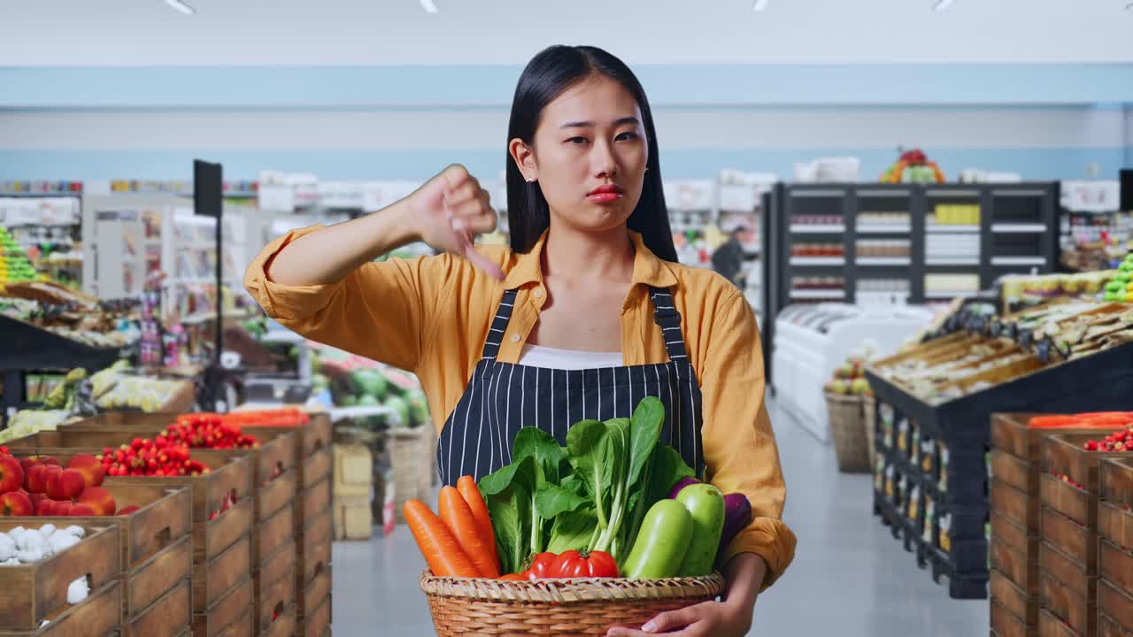 Agricultora asiática con una cesta de verduras mostrando el pulgar hacia abajo mientras está de pie en un supermercado