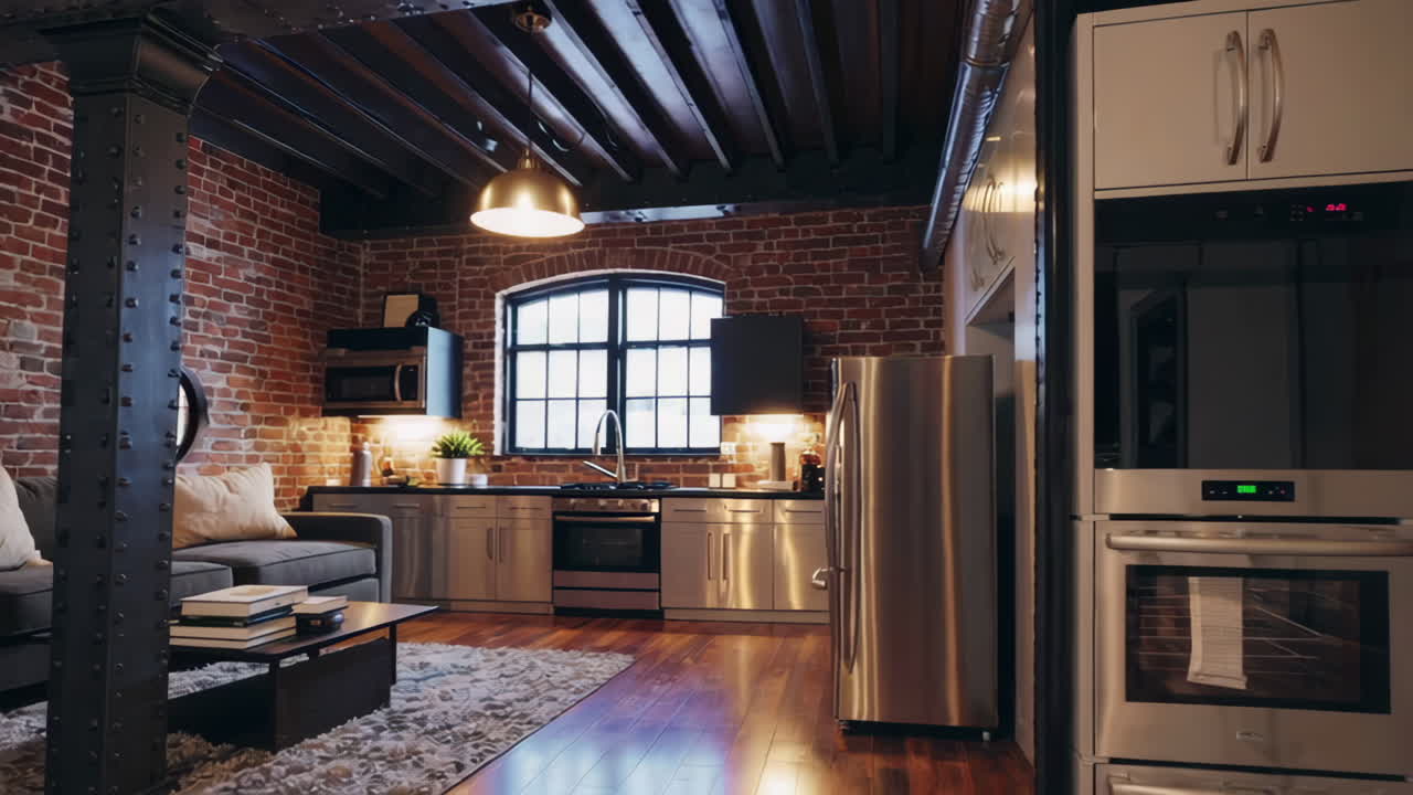 Industrial Loft Apartment with Open Concept Kitchen and Living Room