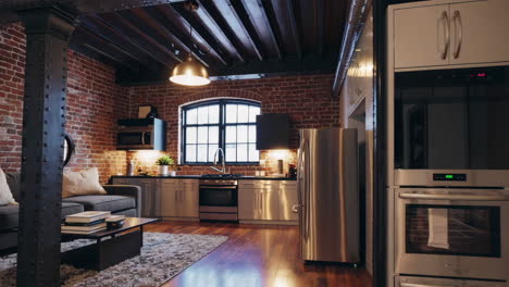 industrial loft apartment with open concept kitchen and living room
