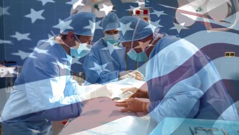 Animation-of-flag-of-usa-waving-over-surgeons-in-operating-theatre