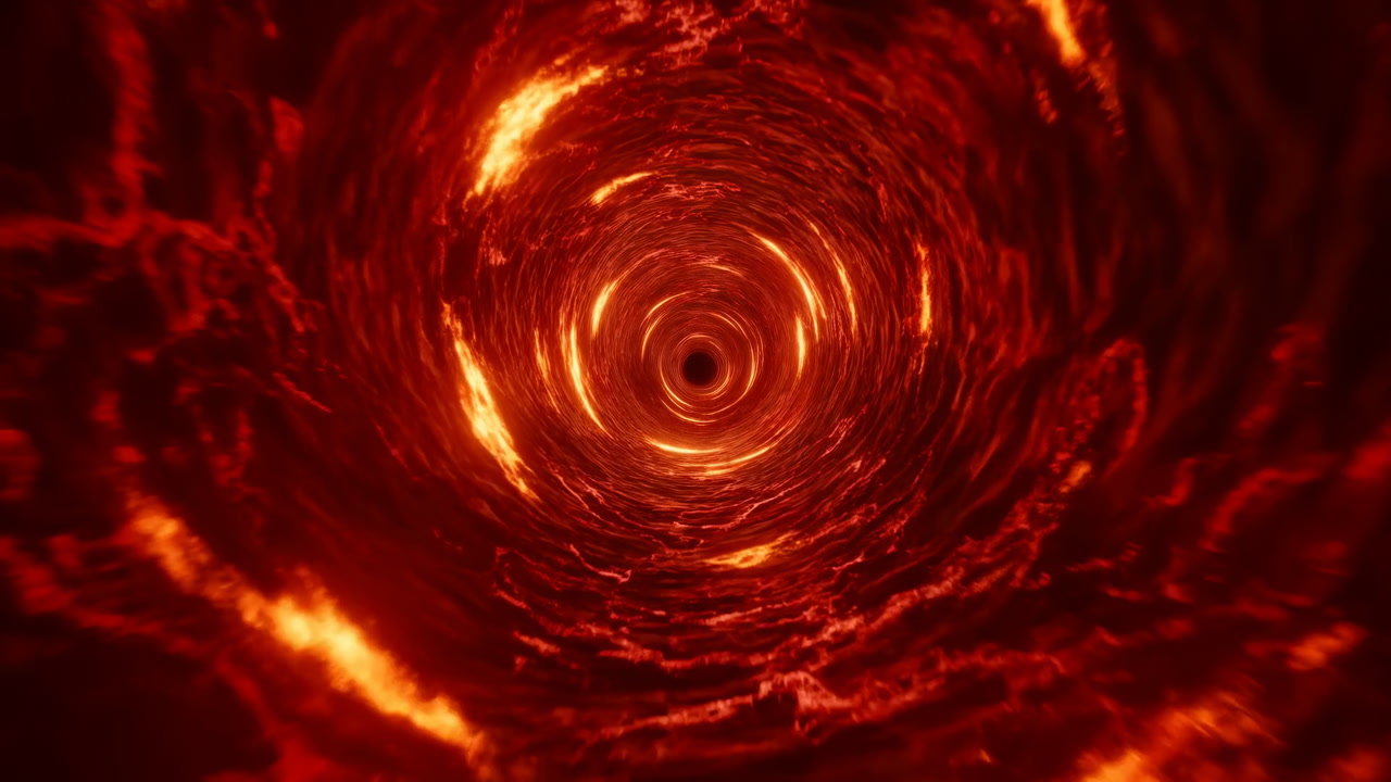 Fiery Molten Vortex Tunnel Swirling With Glowing Magma Rings And Blazing Clouds, Cinematic Loop Evokes