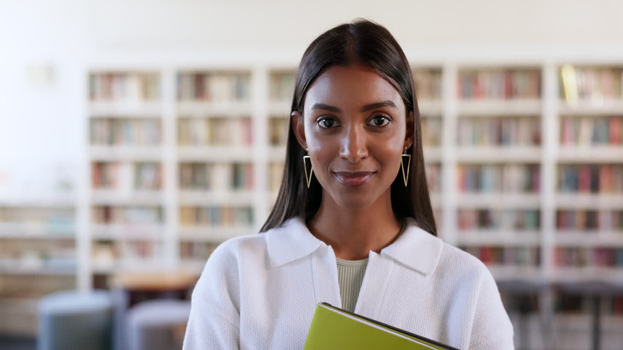 Books, education and library with face of woman