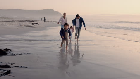 parents, kids and holding hands with running