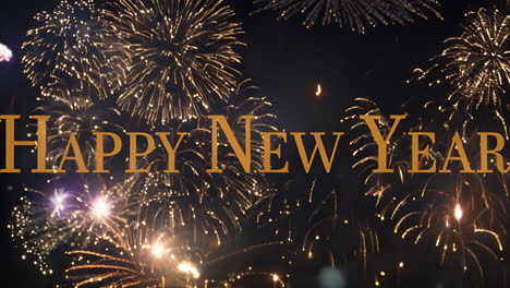 cinemagraph of happy new year text in gold over pink and white fireworks exploding in night sky