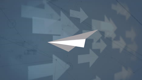 animación de avión de papel y flechas que se mueven sobre el procesamiento de datos en fondo blanco