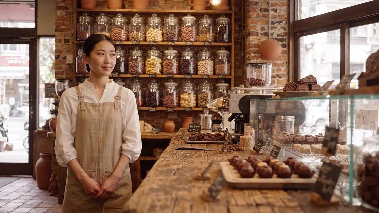 Interno di una graziosa pasticceria con cioccolatini artigianali e dolci colorati, dove il personale attento crea un'atmosfera accogliente e invitante in un ambiente pittoresco.