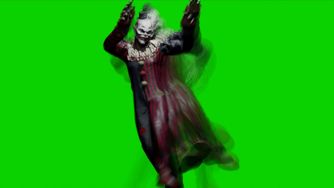 Clown surrealista che balla in un edificio ospedaliero abbandonato. Un clown che danza in un ospedale. Il concetto di un giullare inquietante. Animazione con schermo verde, perfetta per sfondi spaventosi e apocalittici