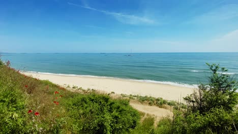 blue sea waves beach foreground grass