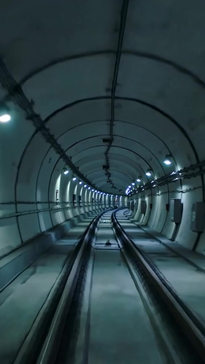 Video verticale: Telecamera che inizia a seguire lungo binari paralleli in un tunnel di servizio per ispezione.