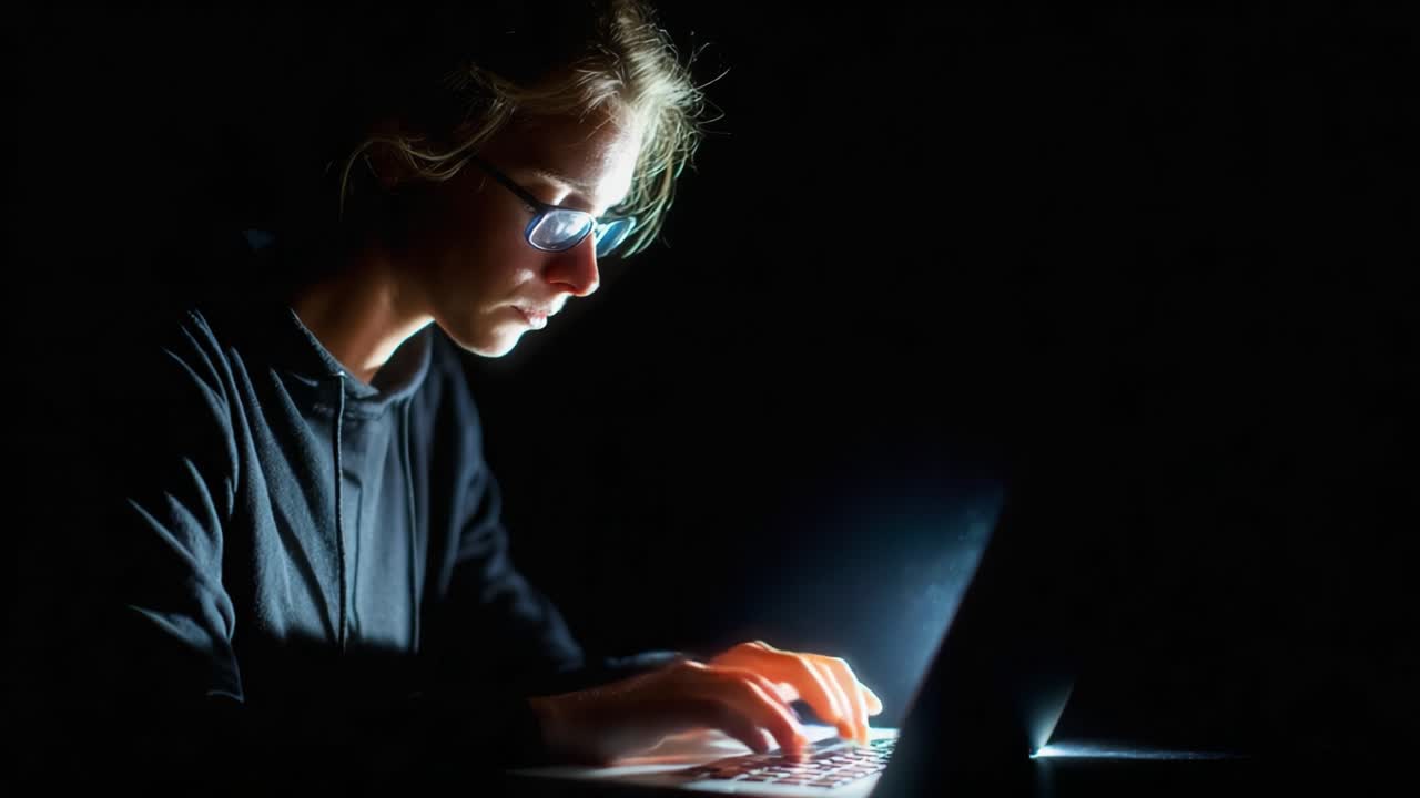 Focused Individual Engaged in Late-Night Work on Laptop Illuminated by Screen, Highlighting Concentration and Digital Connectivity in a Dark Environment