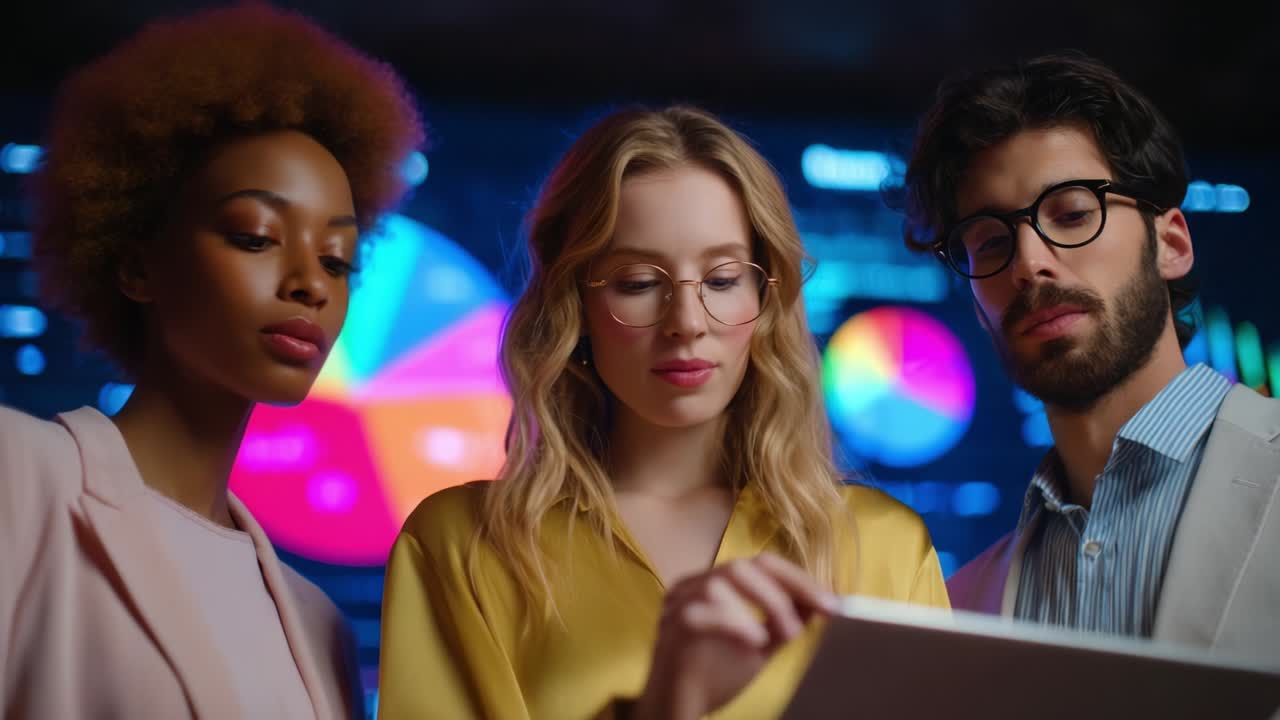 Three Professionals Analyzing Data on a Tablet in Front of Colorful Graphs and Charts in a Modern Workspace, Showcasing Collaboration and Analytical Skills in a Dynamic Environment