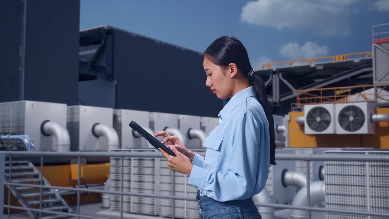 Vista lateral de trabalhadora profissional asiática, trabalhadora inspecionando unidades de HVAC no telhado de um edifício industrial, observa olhando para cima antes de se concentrar no tablet e continuar verificando