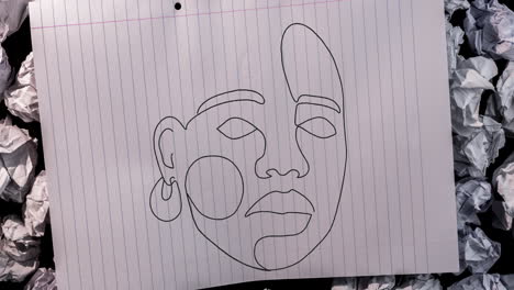 sketch of woman face on white lined paper against crumbled papers in background