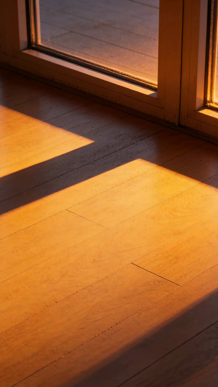 Vertical video: Shifting sunlight sliding across wood floor at home by glass door sun moving