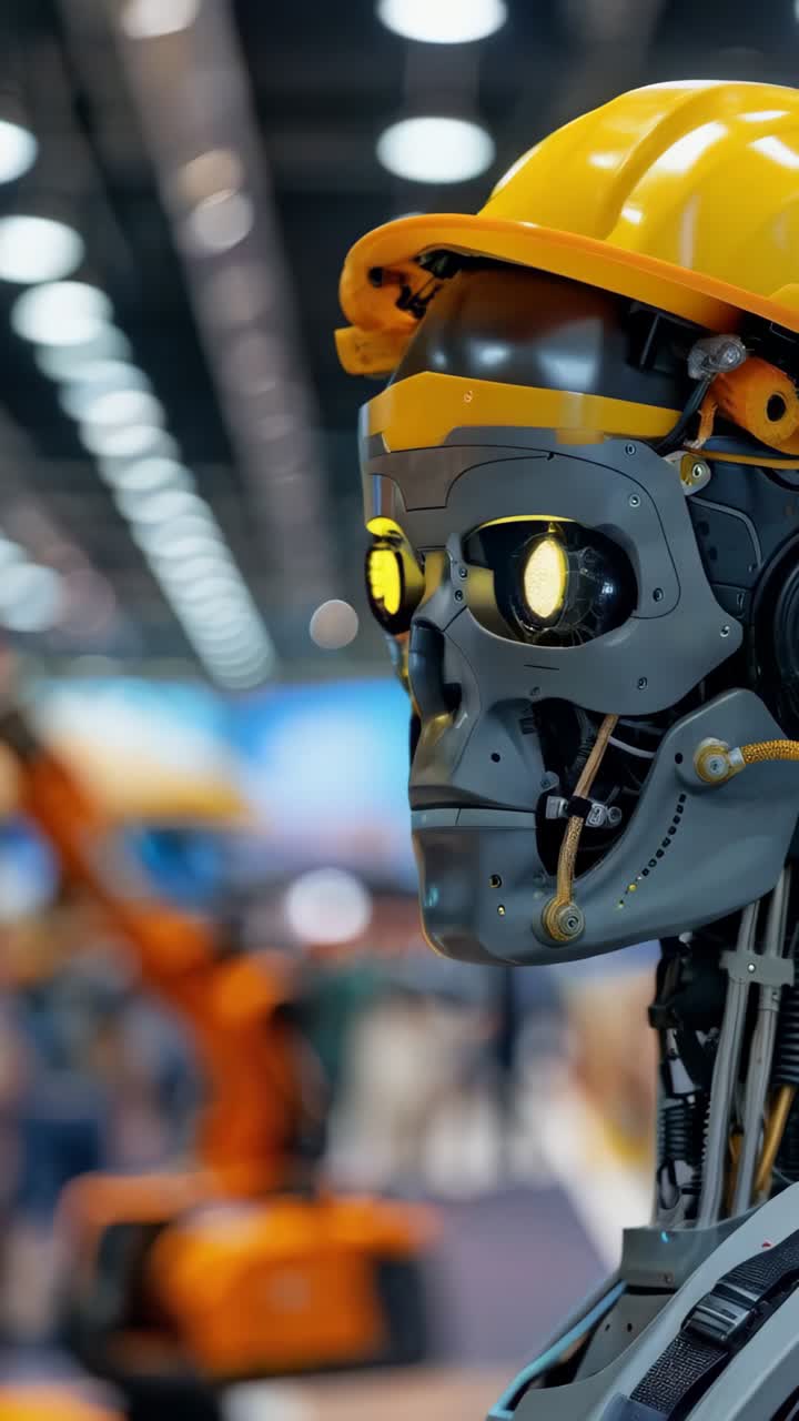 A robot wearing a yellow helmet stands in front of a building, it is working in a construction site