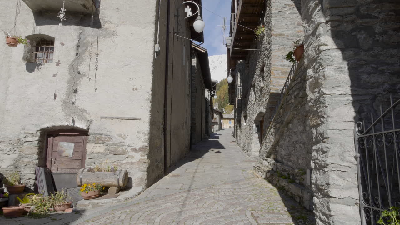 Una vista stradale delle tipiche case alpine a Rhêmes-Notre-Dame in Valle d'Aosta, Italia.