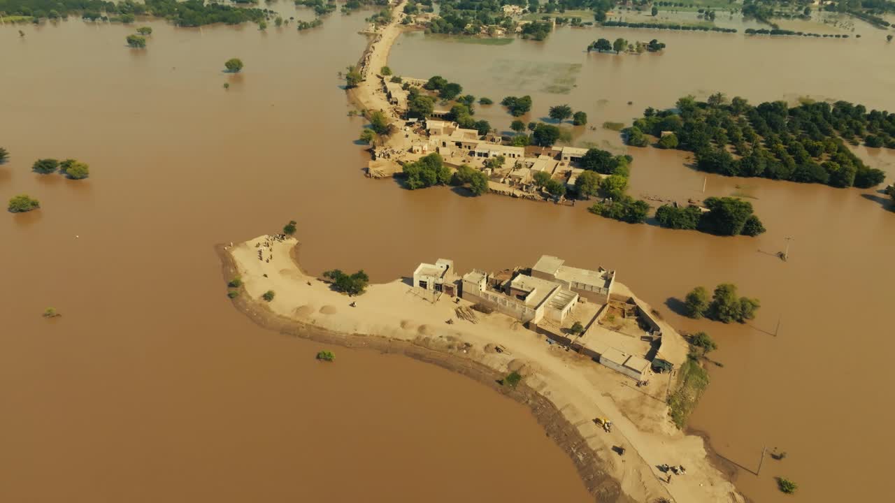 Forward aerial drone clip tilting downward towards dry island houses in Jalalpur Pirwala, completely surrounded by murky brown floodwater and submerged trees under an intense sepia-toned sun