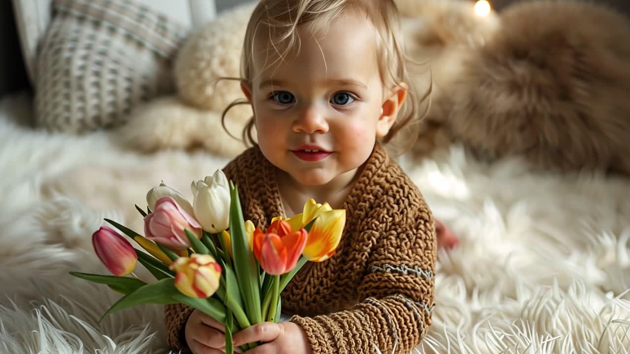 Cute Toddler with Blonde Hair and Blue Eyes Holding a Bouquet of Colorful Tulips