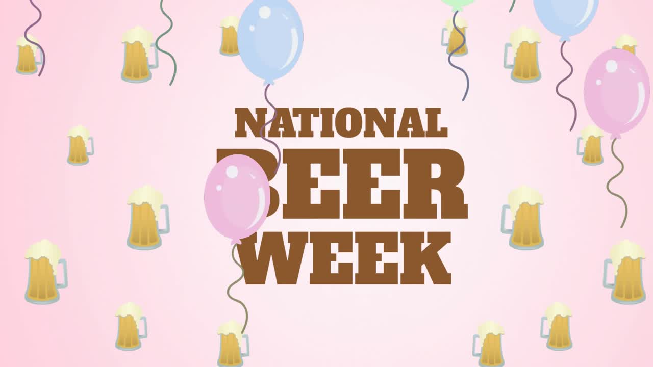 animación del texto de la semana nacional de la cerveza sobre globos e iconos de cerveza