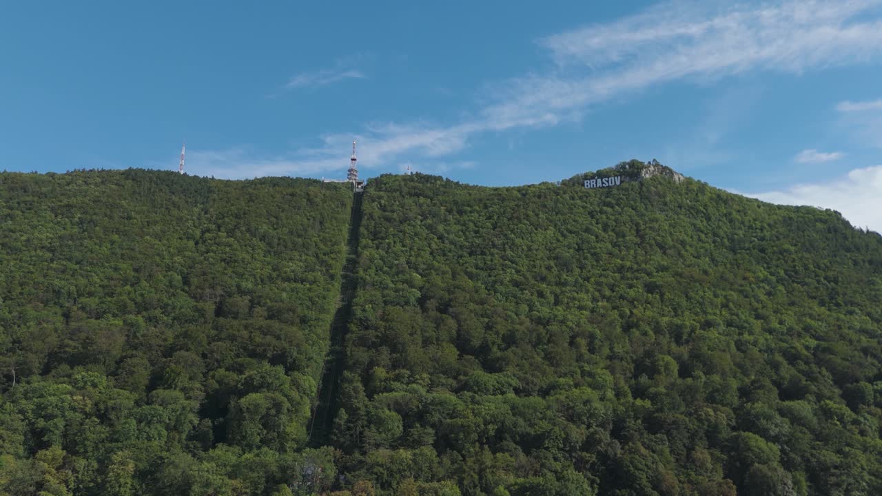 Drone shot featuring the Brașov hillside sign and Tâmpa Cable Car, surrounded by forested mountain scenery