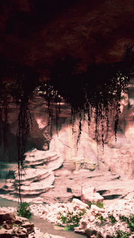 cave interior with hanging plants and water