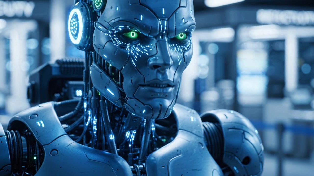 Robot umanoide futuristico con circuiti intricati e caratteristiche luminose, che mostra tecnologia avanzata in un ambiente ad alta tecnologia, enfatizzando la fusione tra macchina e intelligenza