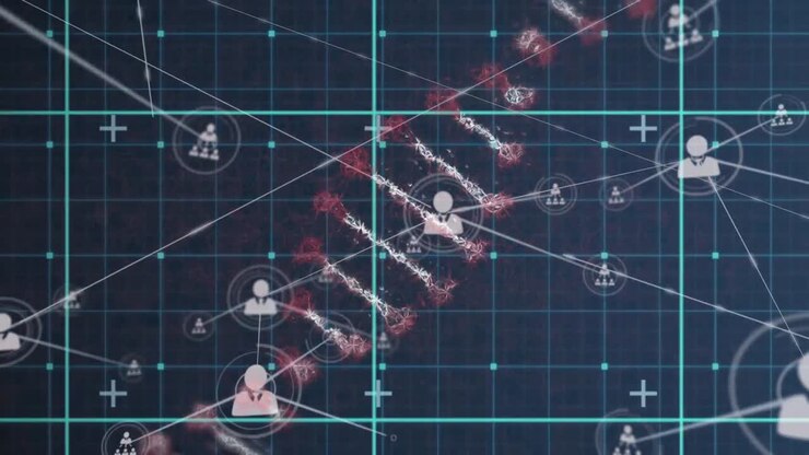 Animation of dna strand, network of connections with icons over grid