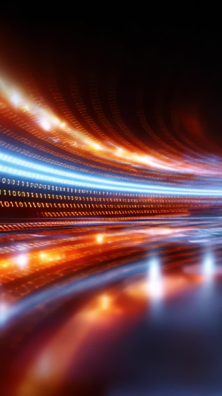 Rappresentazione astratta dinamica del flusso di dati con scie luminose colorate e codice binario in movimento, che illustra la tecnologia e l'interconnettività digitale